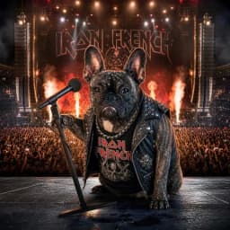 A French bulldog in a studded leather jacket at the microphone on a metal stage with flames