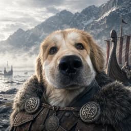 A fluffy dog in fur-trimmed Viking armour before snowy mountains and longships