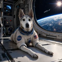 A dog in a NASA spacesuit lying in a space station, Earth in the window behind