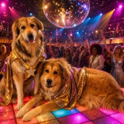 Two golden retrievers in gold sequin capes on a lit-up disco floor under a mirror ball