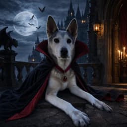 A white dog in a high-collared Dracula cape on a castle balcony under a full moon